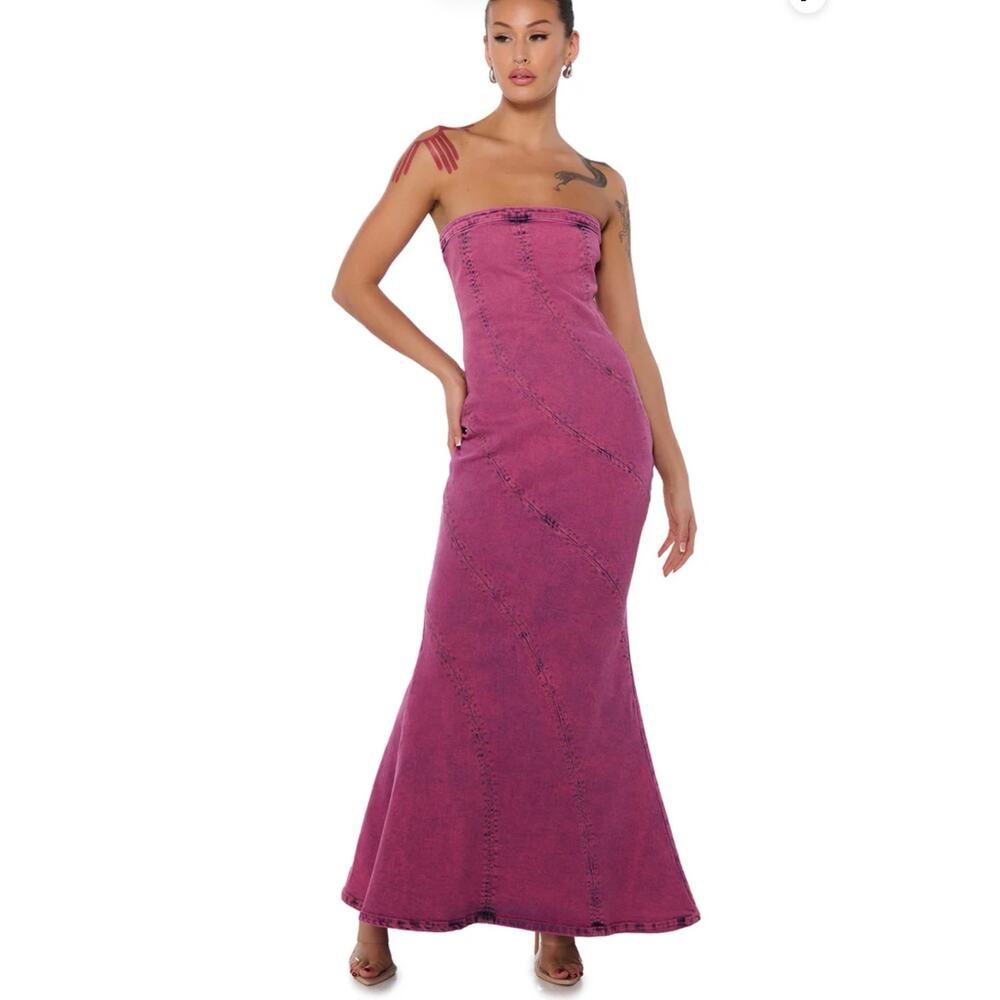 AKIRA Let's Go Party pink mauve Denim strapless Midi maxi Dress Small